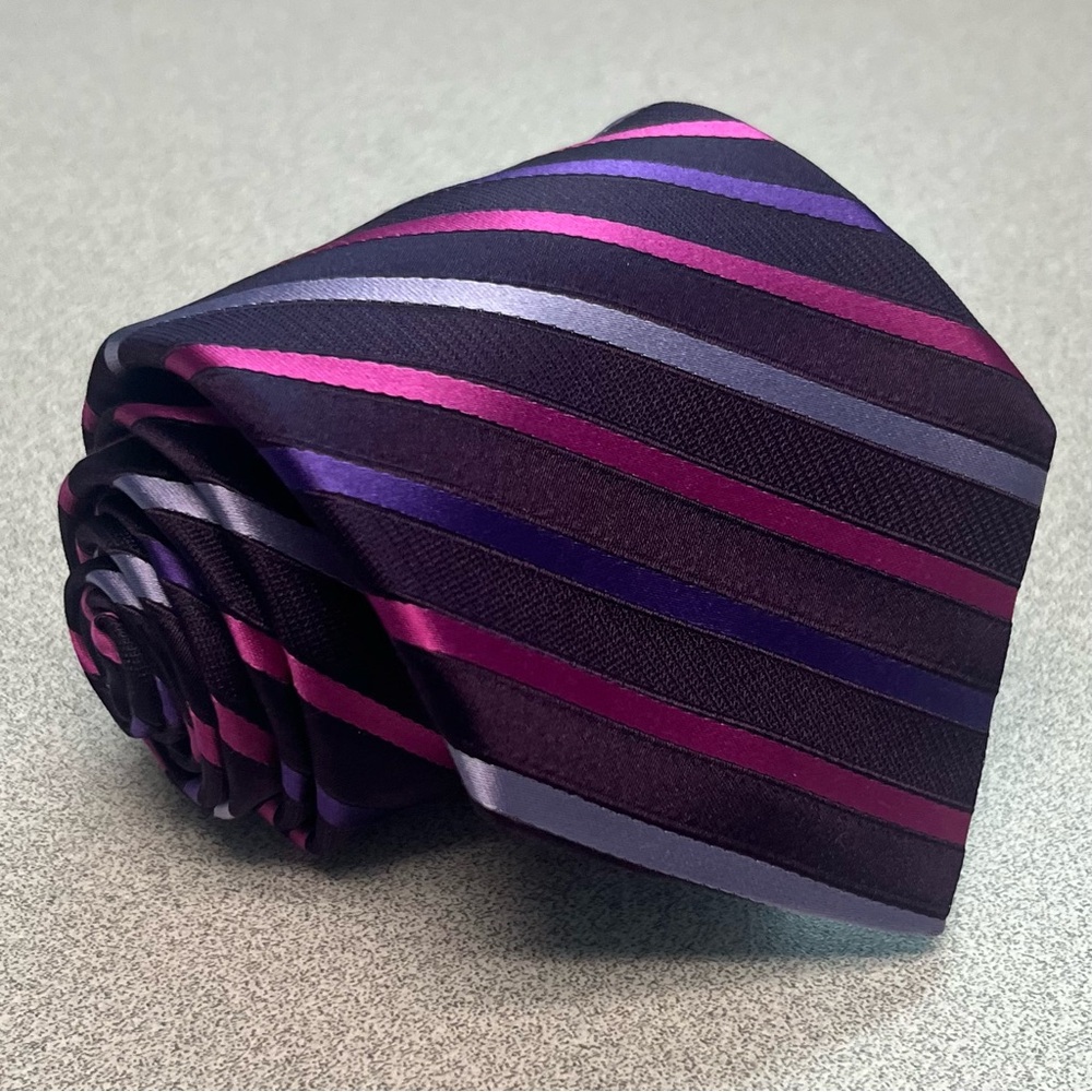 Nicole Miller Men's Repp Tie Striped Pink Purple 100% Silk Wedding Formal